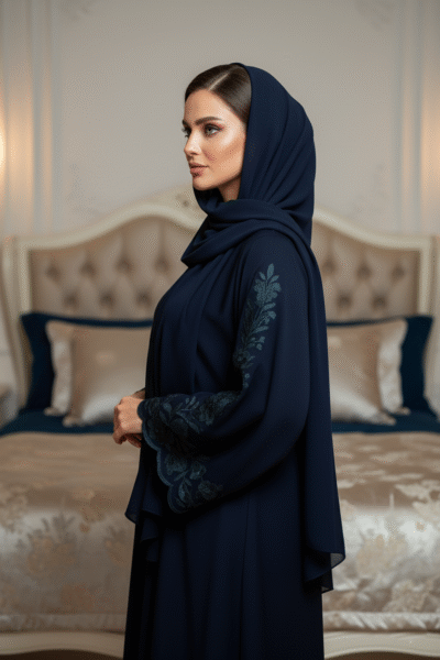 Elegant Blue Abaya with Embroidered Sleeves