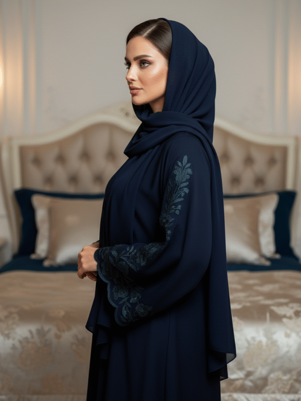 Elegant Blue Abaya with Embroidered Sleeves