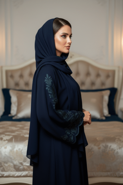 Elegant Blue Abaya with Embroidered Sleeves - Image 3