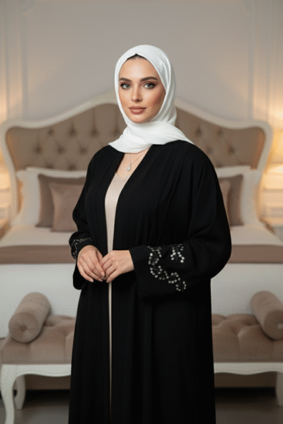 Elegant Navy Blue Embroidered Sleeve Abaya
