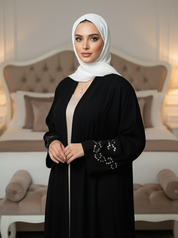 Elegant Navy Blue Embroidered Sleeve Abaya