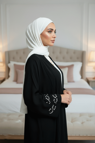 Elegant Navy Blue Embroidered Sleeve Abaya - Image 2