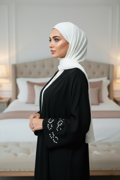 Elegant Navy Blue Embroidered Sleeve Abaya - Image 5