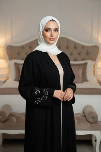 Elegant Navy Blue Embroidered Sleeve Abaya - Image 6