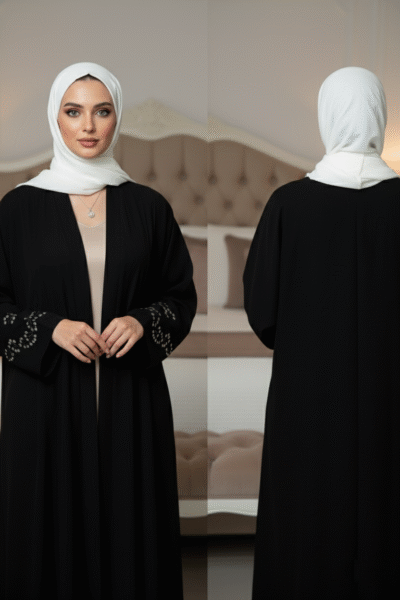 Elegant Navy Blue Embroidered Sleeve Abaya - Image 3