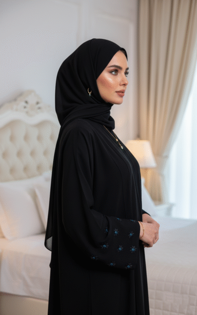 Elegant Black Abaya with Embroidered Sleeves - Image 3