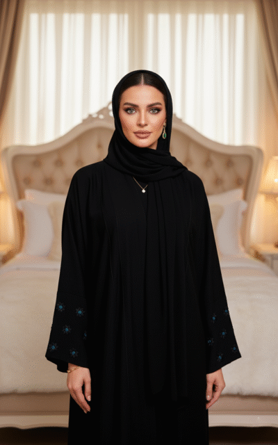 Elegant Black Abaya with Embroidered Sleeves - Image 2