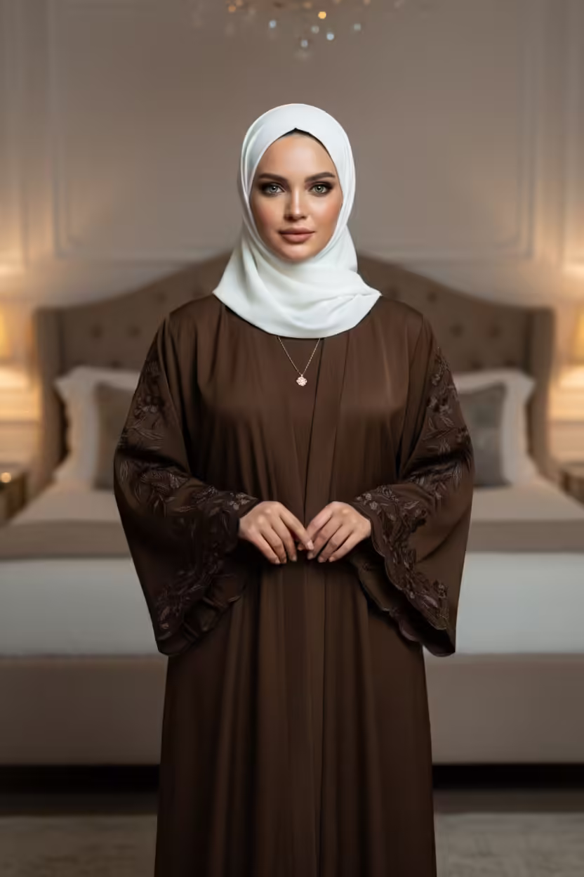 Elegant Brown Flowy Abaya with Embroidered Sleeve - Image 2