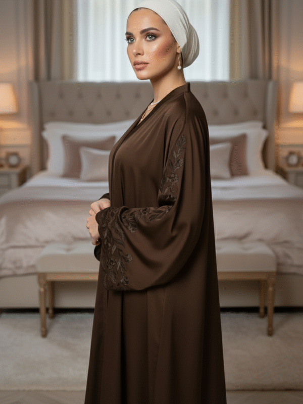 Elegant Brown Flowy Abaya with Embroidered Sleeve