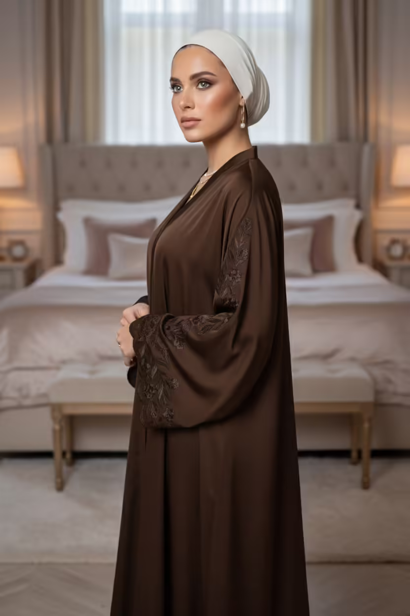 Elegant Brown Flowy Abaya with Embroidered Sleeve