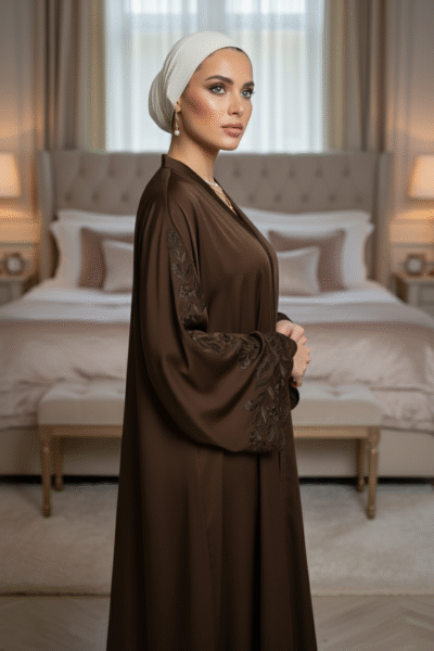 Elegant Brown Flowy Abaya with Embroidered Sleeve - Image 3