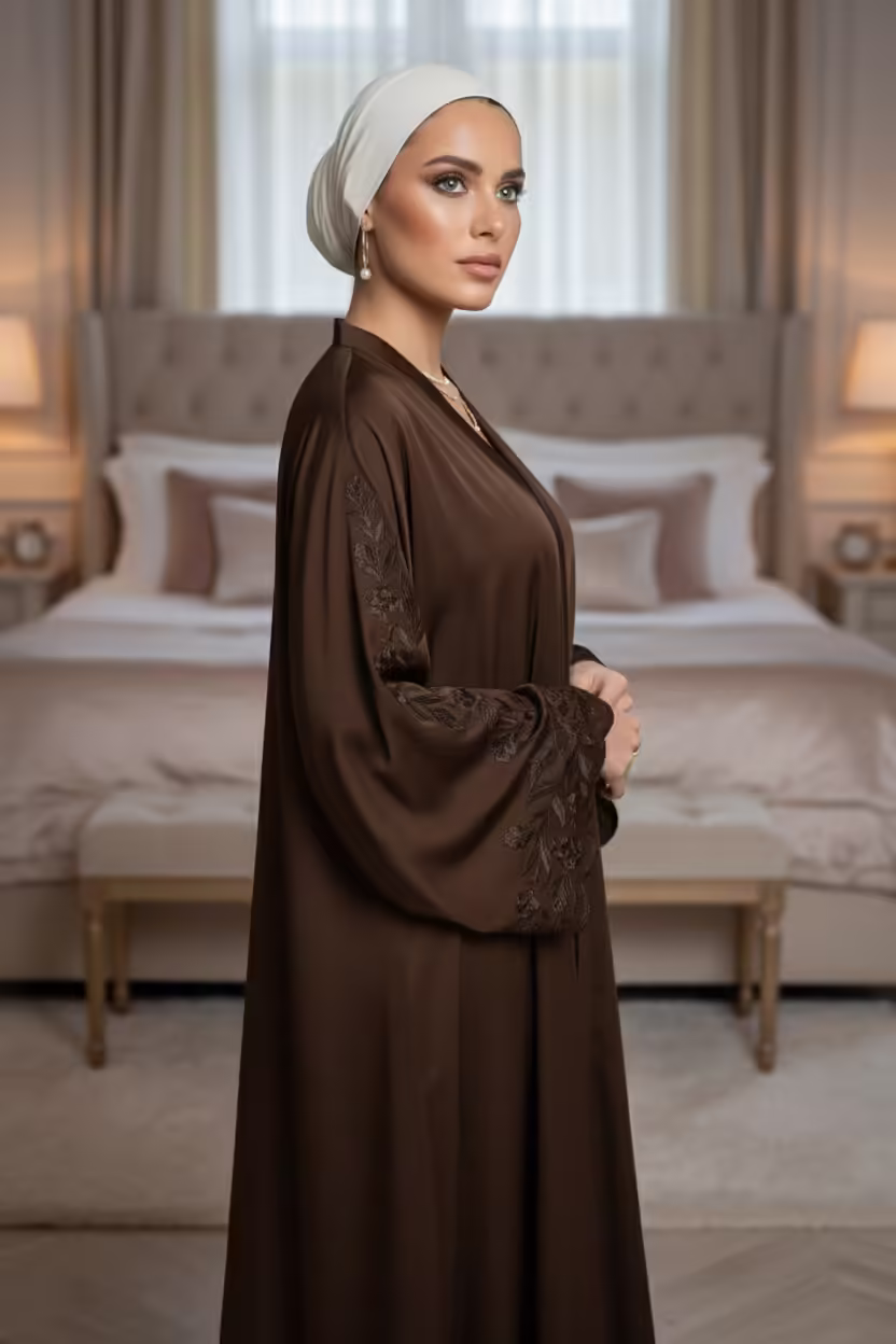 Elegant Brown Flowy Abaya with Embroidered Sleeve - Image 3