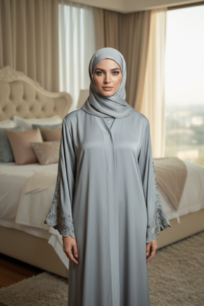 Grey Embroidered Sleeve Abaya - Image 3