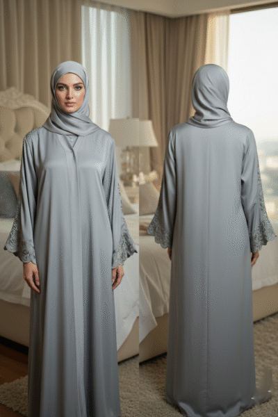 Grey Embroidered Sleeve Abaya - Image 2