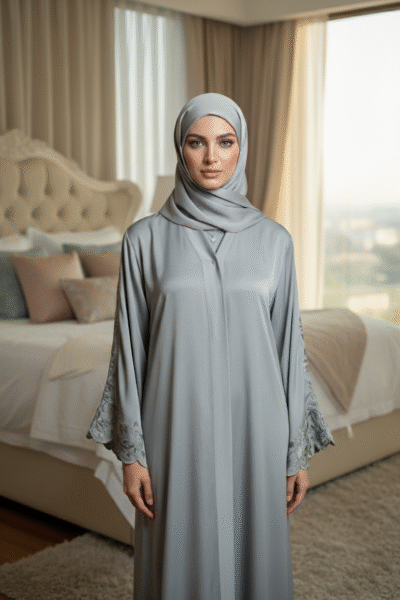 Grey Embroidered Sleeve Abaya - Image 5