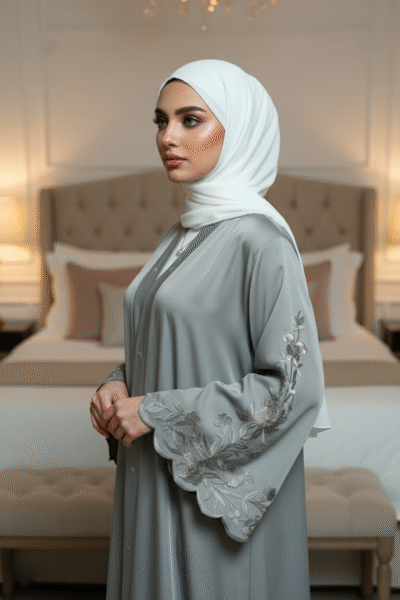 Grey Embroidered Sleeve Abaya