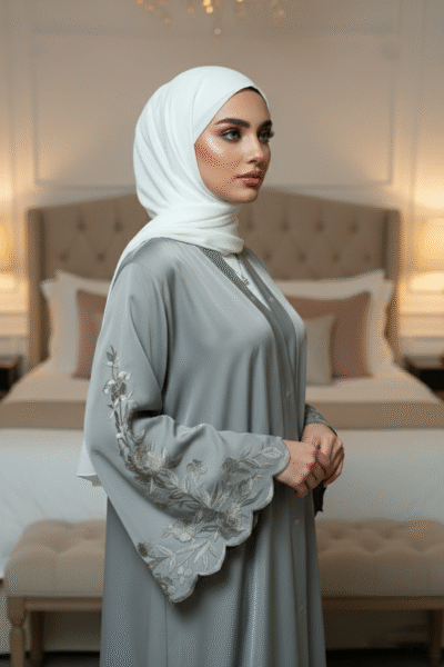 Grey Embroidered Sleeve Abaya - Image 4