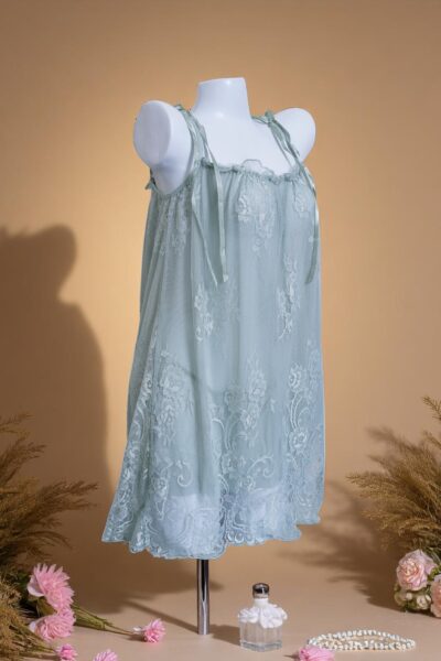 Sheer Mint Green Lace Babydoll Nightgown with Tie Straps - Image 4