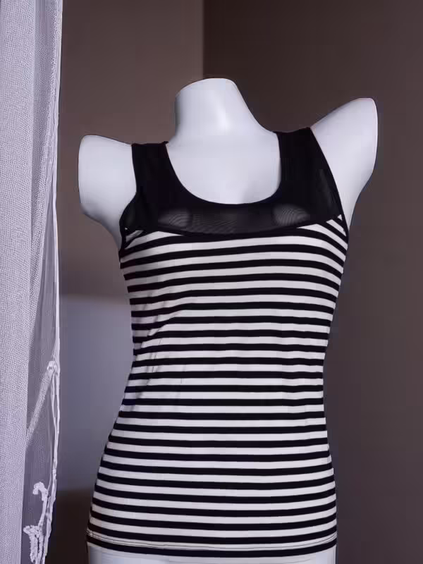 Black and White Striped Camisole with Lace and Mesh Detail