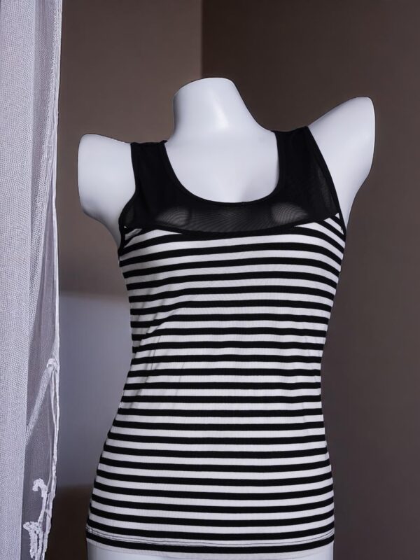 Black and White Striped Camisole with Lace and Mesh Detail