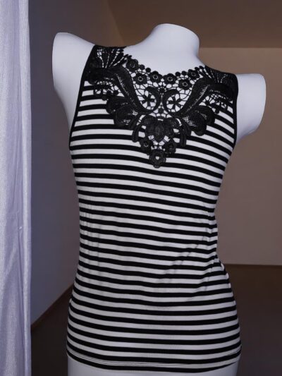Black and White Striped Camisole with Lace and Mesh Detail - Image 3