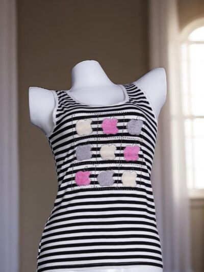 Black & White Striped Camisole with Fuzzy Patchwork - Image 2