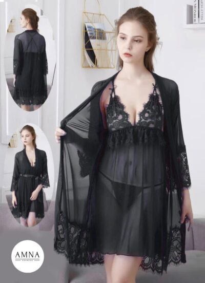 Luxurious Black 4-Piece Lace Lingerie & Robe Set