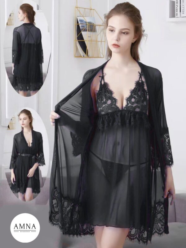 Luxurious Black 4-Piece Lace Lingerie & Robe Set