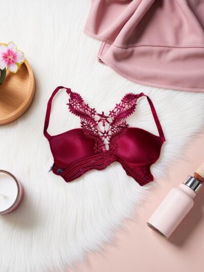Luxurious Maroon Ornate Lace Back Bra Set - Image 3
