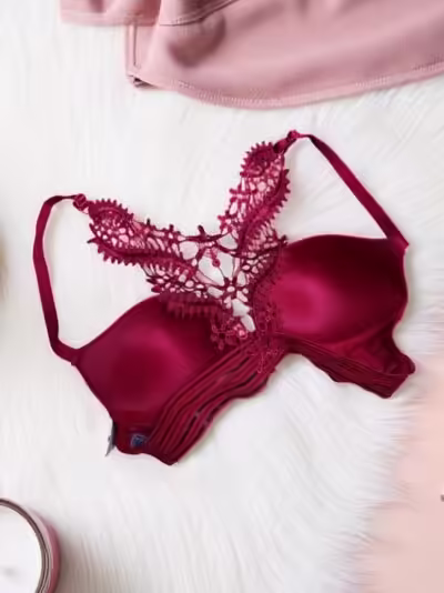 Luxurious Maroon Ornate Lace Back Bra Set - Image 4