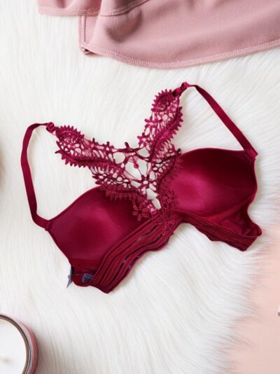 Luxurious Maroon Ornate Lace Back Bra Set - Image 4