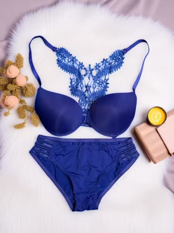 Royal Blue Ornate Lace Back Bra Set