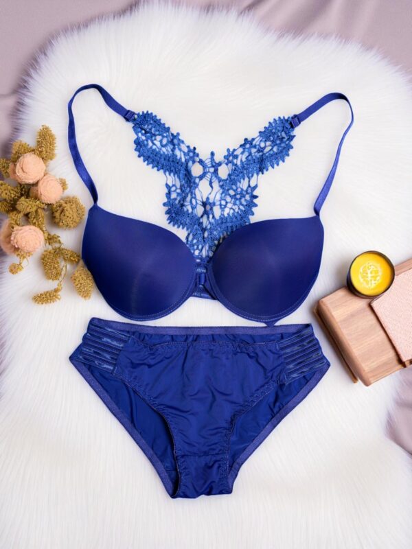 Royal Blue Ornate Lace Back Bra Set