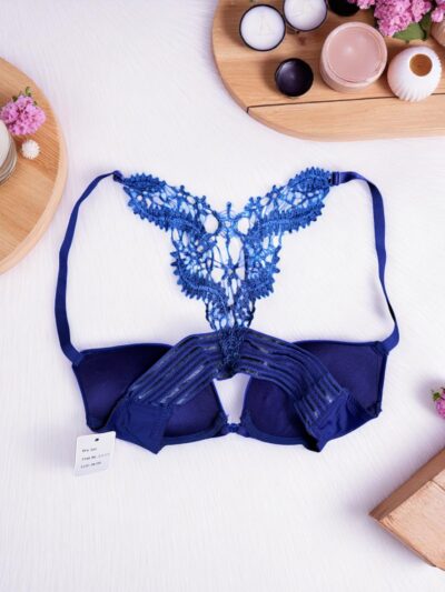 Royal Blue Ornate Lace Back Bra Set - Image 2