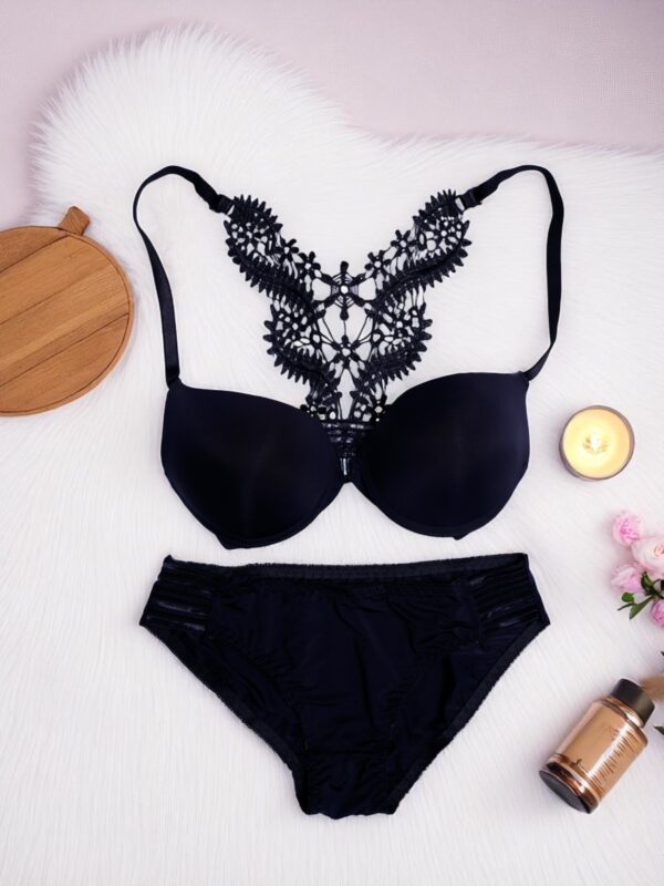 Elegant Black Ornate Lace Back Bra Set