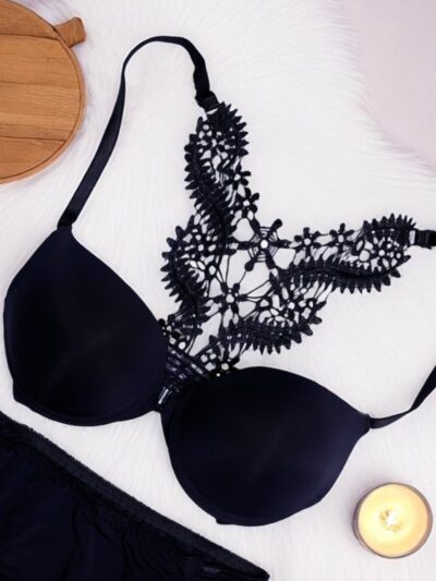 Elegant Black Ornate Lace Back Bra Set - Image 2