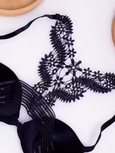 Elegant Black Ornate Lace Back Bra Set - Image 3
