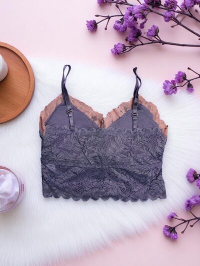 Purplish-Grey & Beige Dual-Tone Lace Bralette - Free Size - Image 3