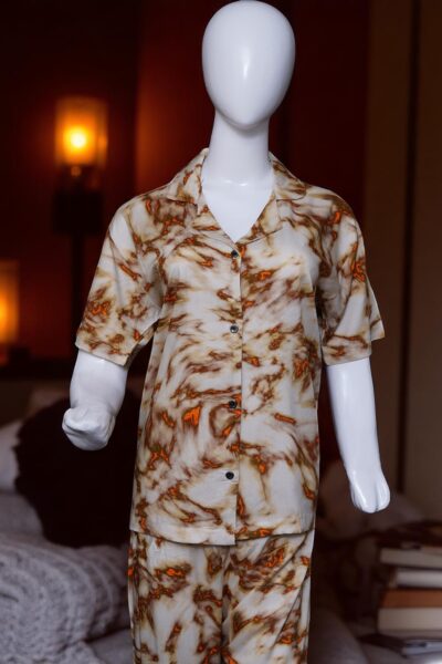 Warm Toned Abstract Print Button-Up Pajama Set - Image 5