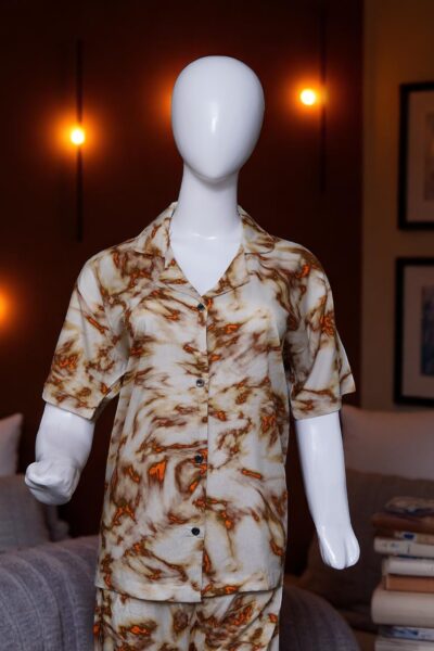 Warm Toned Abstract Print Button-Up Pajama Set - Image 4