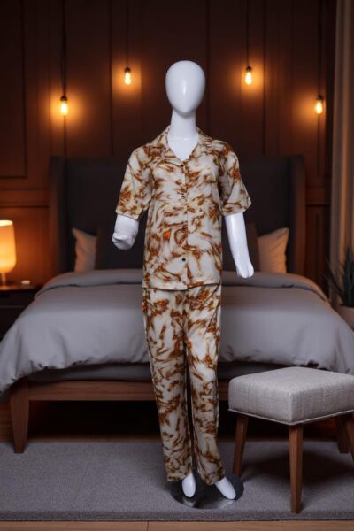 Warm Toned Abstract Print Button-Up Pajama Set - Image 3
