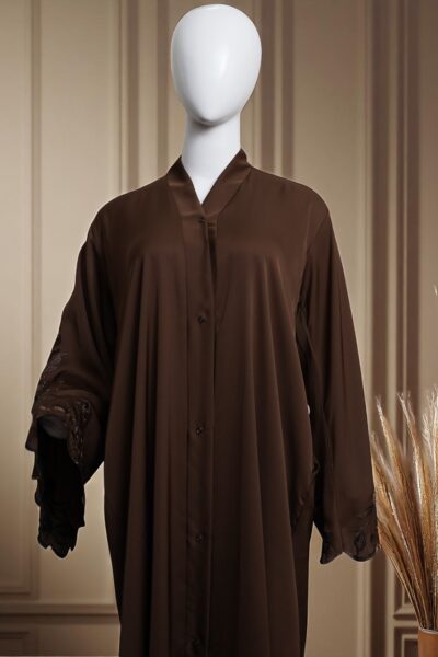 Elegant Brown Flowy Abaya with Embroidered Sleeve - Image 2