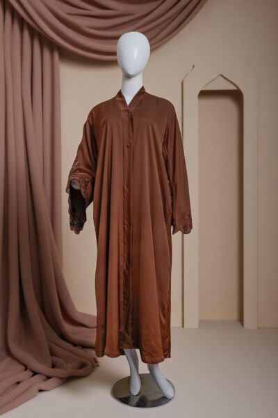 Elegant Brown Flowy Abaya with Embroidered Sleeve
