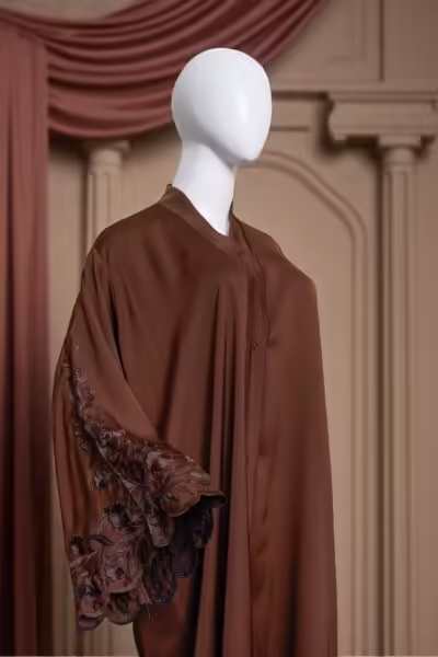 Elegant Brown Flowy Abaya with Embroidered Sleeve - Image 4