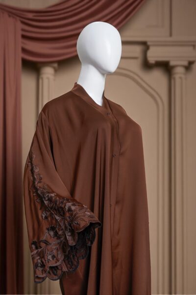 Elegant Brown Flowy Abaya with Embroidered Sleeve - Image 4