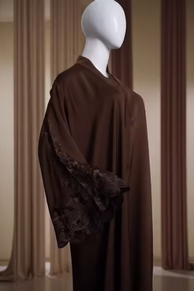 Elegant Brown Flowy Abaya with Embroidered Sleeve - Image 3