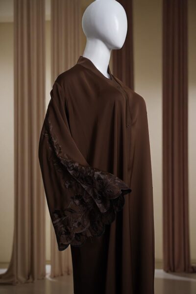 Elegant Brown Flowy Abaya with Embroidered Sleeve - Image 3