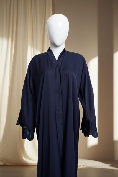 Elegant Blue Abaya with Embroidered Sleeves - Image 2