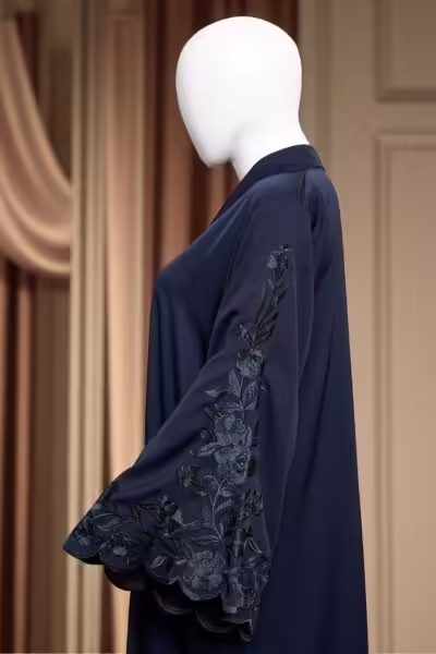 Elegant Blue Abaya with Embroidered Sleeves - Image 3