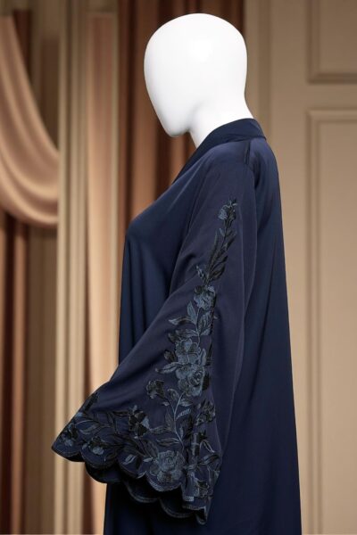 Elegant Blue Abaya with Embroidered Sleeves - Image 3